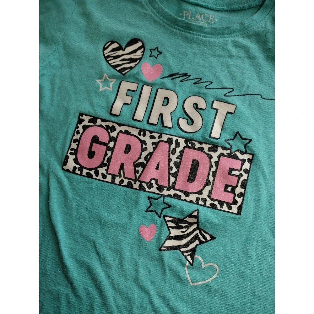 The Childrens‎ Place Girls First Grade Graphic Tee Teal Blue Animal Print S 5/6